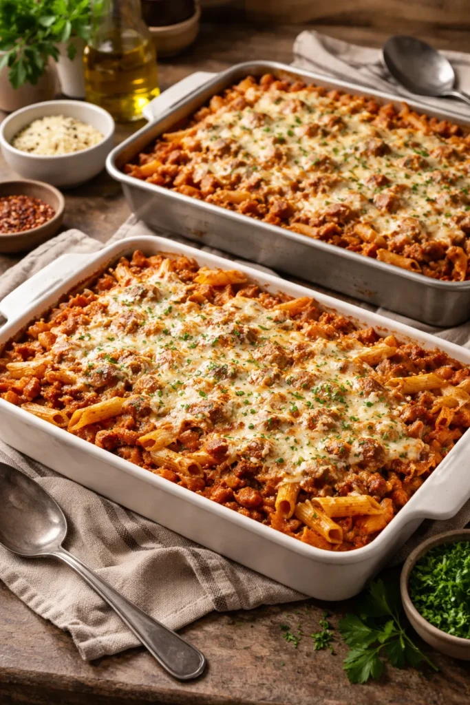 10 Easy Dinner Recipes for a Big Crowd 4 Two baking dishes of baked penne pasta with cheese
