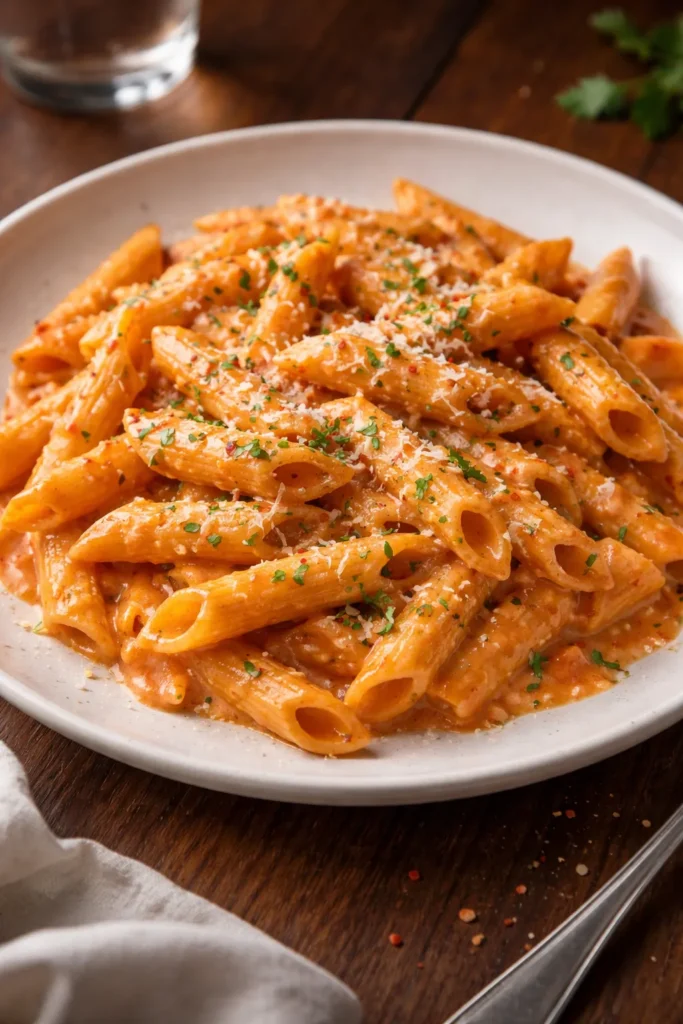 Close-up of Penne alla Vodka on plate with creamy pink sauce.
