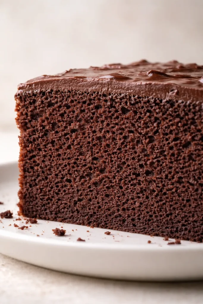 The Only Chocolate Cake Recipe You Need 6 Close-up of a chocolate cake crumb with tiny uniform air pockets