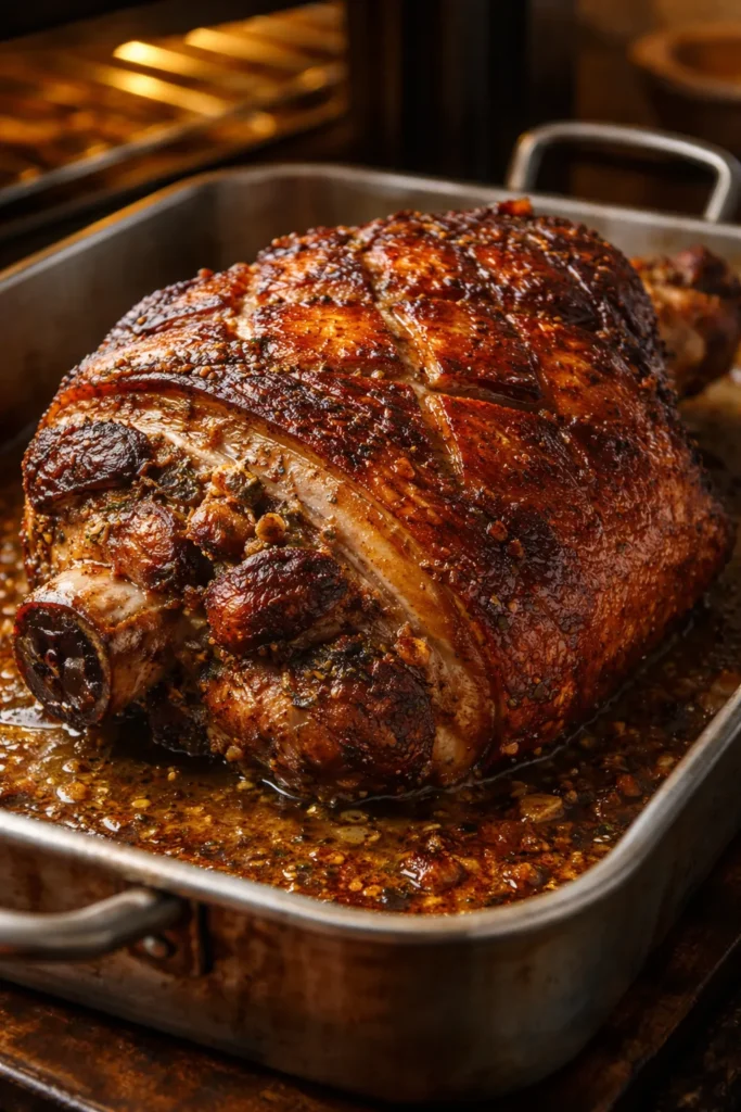 Pernil pork shoulder with crackling skin roasting in pan