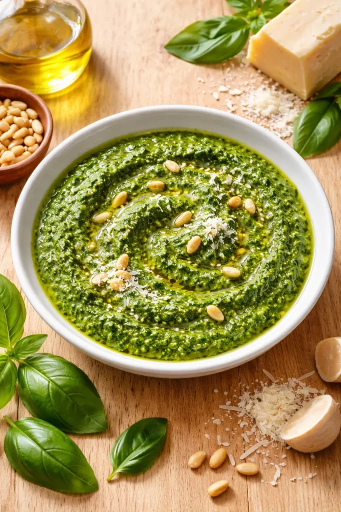 10 Homemade Sauce Recipes for Any Meal 4 Bright green basil pesto in a white bowl with pine nuts