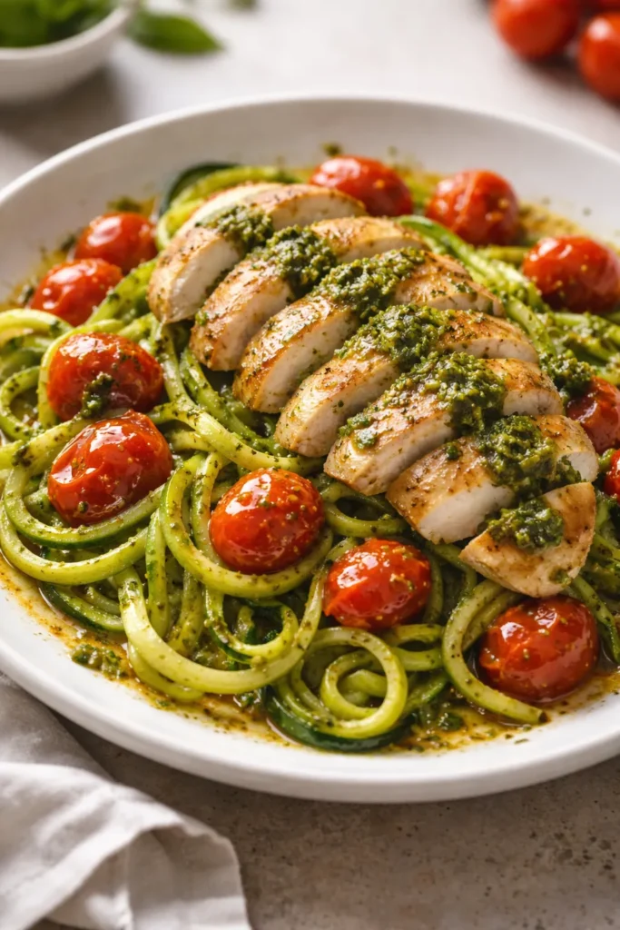 Pesto chicken with zucchini noodles and blistered cherry tomatoes on plate