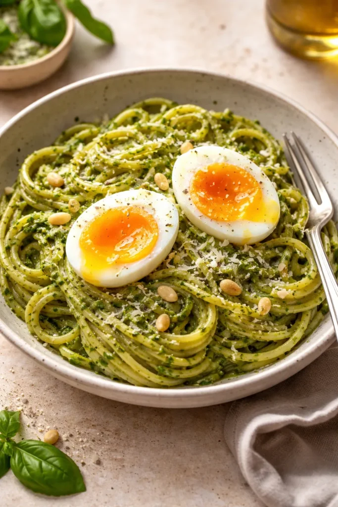 Pesto pasta with a soft-boiled egg half on top