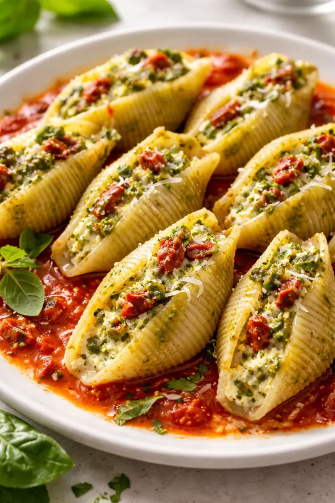 10 Stuffed Pasta Shell Recipes for Dinner 10 Pesto and sun-dried tomato stuffed shells on a plate