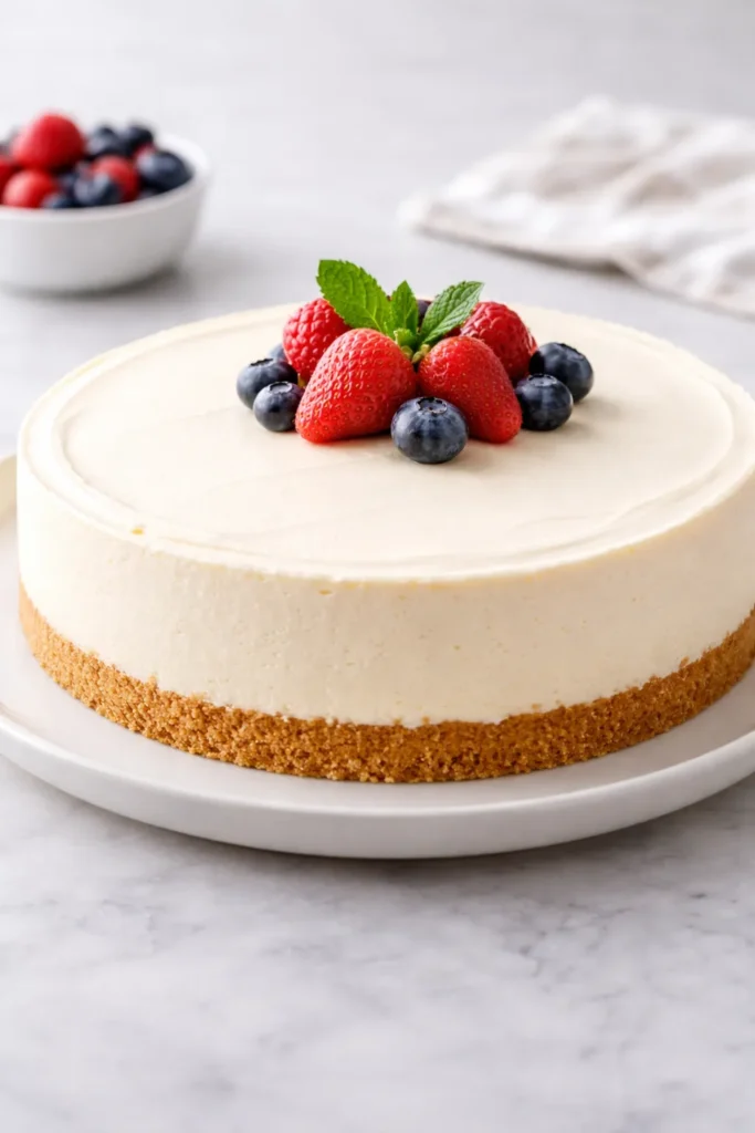 10 No Bake Cheesecakes for Hot Summer Days 3 Philadelphia-style no-bake cheesecake on plate with graham crust