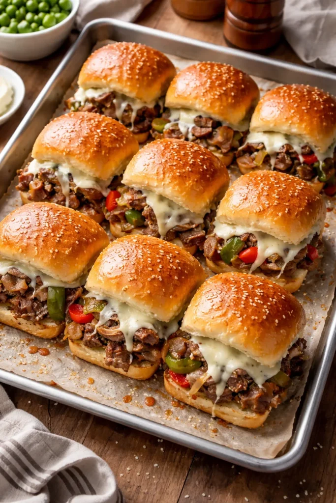 8 Slider Recipes for Parties and Game Night 6 Close-up of Philly Cheesesteak Sliders with peppers onions and provolone