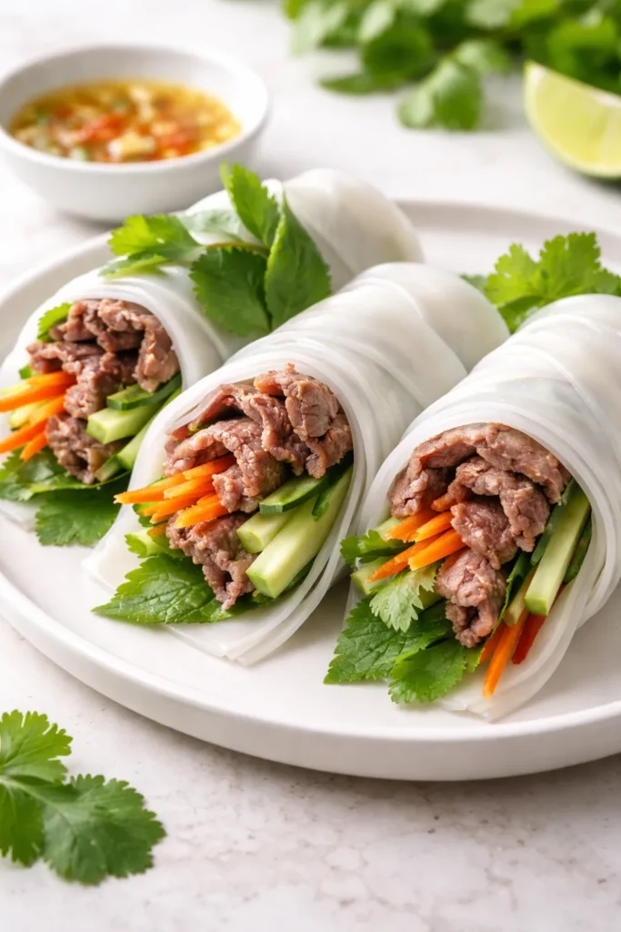 Deconstructed pho rolls with beef, herbs, and vegetables arranged on plate.