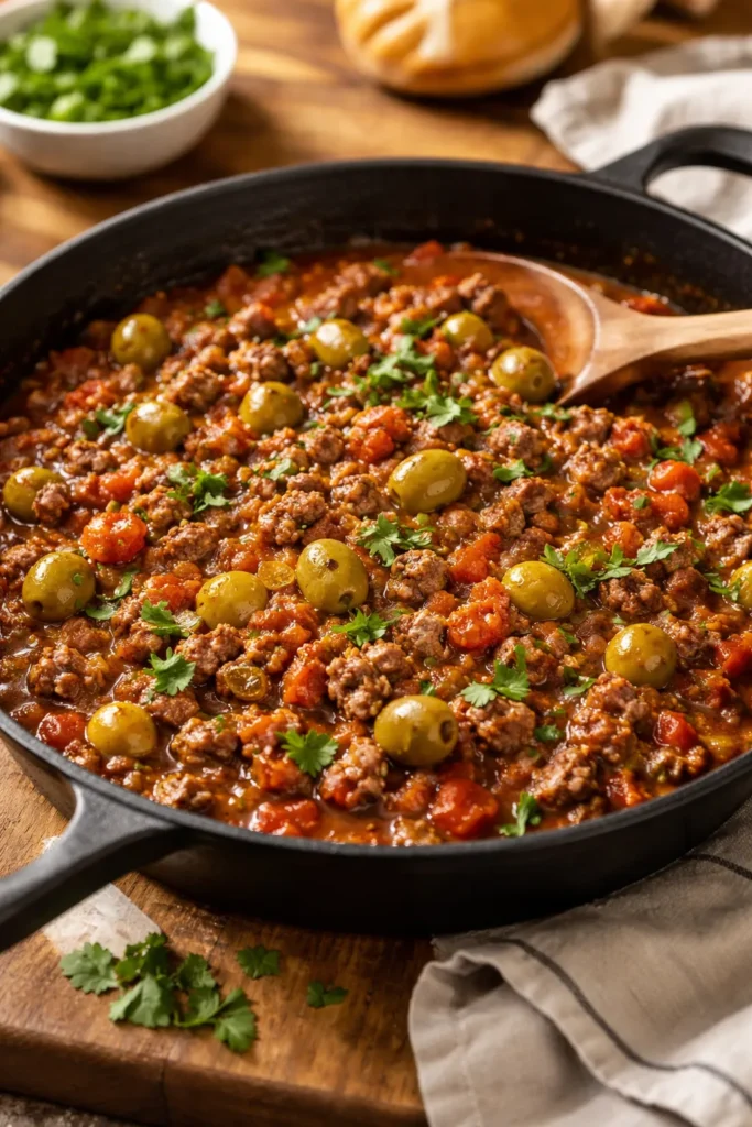Ground beef picadillo simmering with olives in tomato sauce