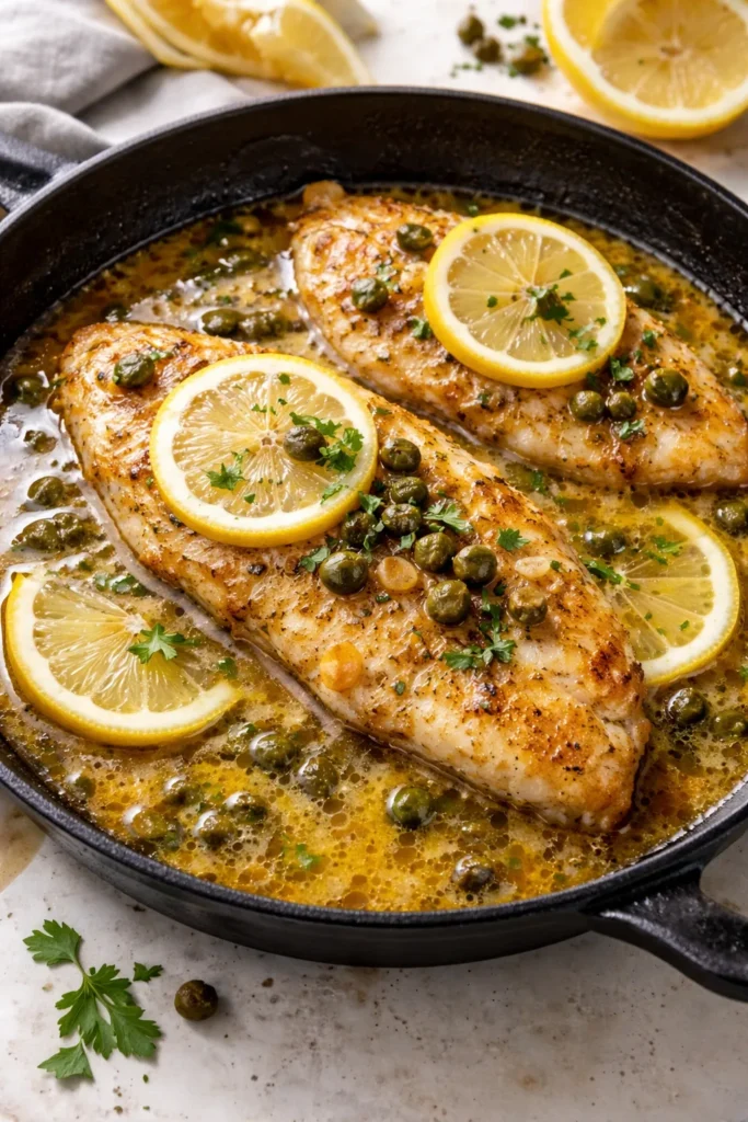 Pan-seared fish with lemon butter sauce, capers and lemon