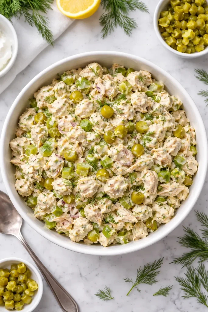 Quick Pickle Chicken Salad with dill pickles in a bowl