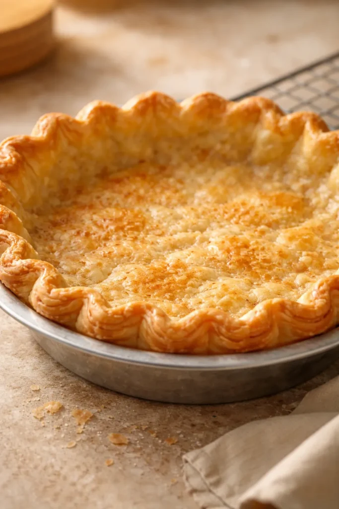 10 Ways to Use Leftover Buttermilk in Baking 5 Golden flaky pie crust in a metal pan with a crimped edge on a neutral background.
