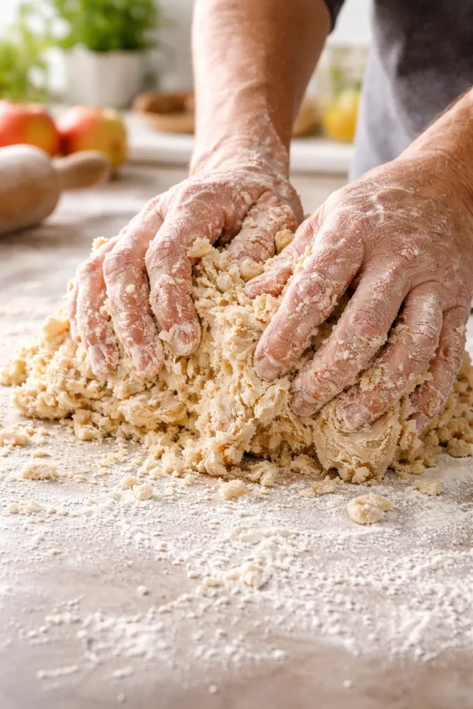 Overworked dough with a tough texture and excess flour on the surface.