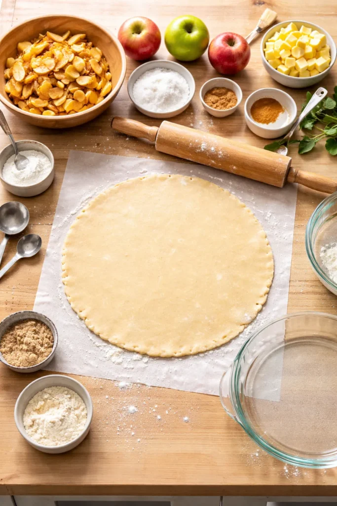 Top-down view of rolled dough on parchment with rolling pin and pie plate ready for assembly.