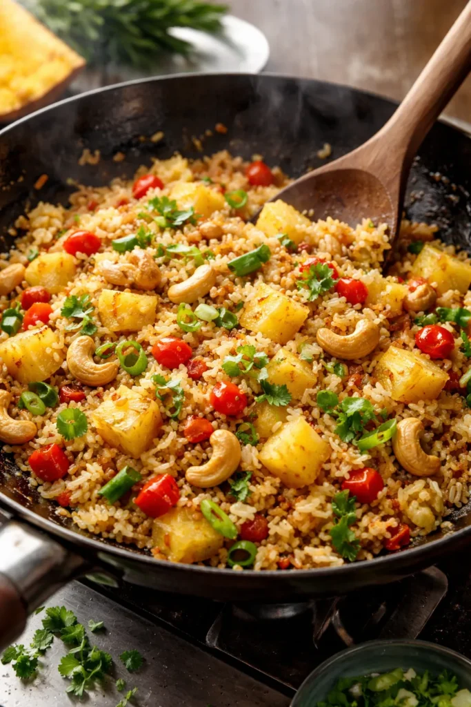 Thai pineapple fried rice with pineapple and vegetables in a bowl