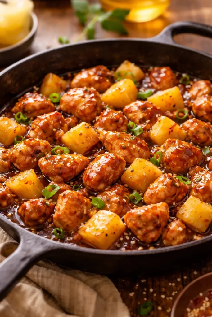 Close-up of honey garlic chicken with pineapple chunks in a glossy glaze
