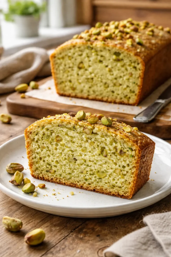 12 Make-Ahead Breakfast Breads for Weekdays 13 Close-up of pistachio quick bread slice showing pale green crumb and pistachio pieces