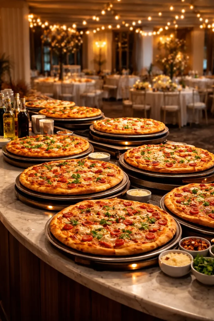 8 Wedding Reception Food Ideas on a Budget 4 Assorted pizzas on a pizza bar at a wedding reception
