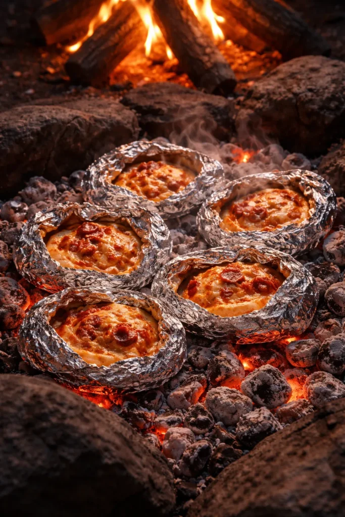 10 Campfire Recipes Even Kids Can Help With 6 Foil-wrapped pizza rolls cooking in campfire coals with steam.