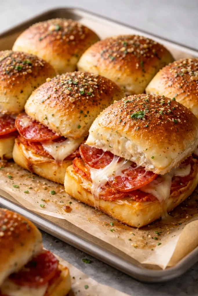 8 Slider Recipes for Parties and Game Night 8 Close-up of pizza sliders with pepperoni and mozzarella on parchment-lined tray