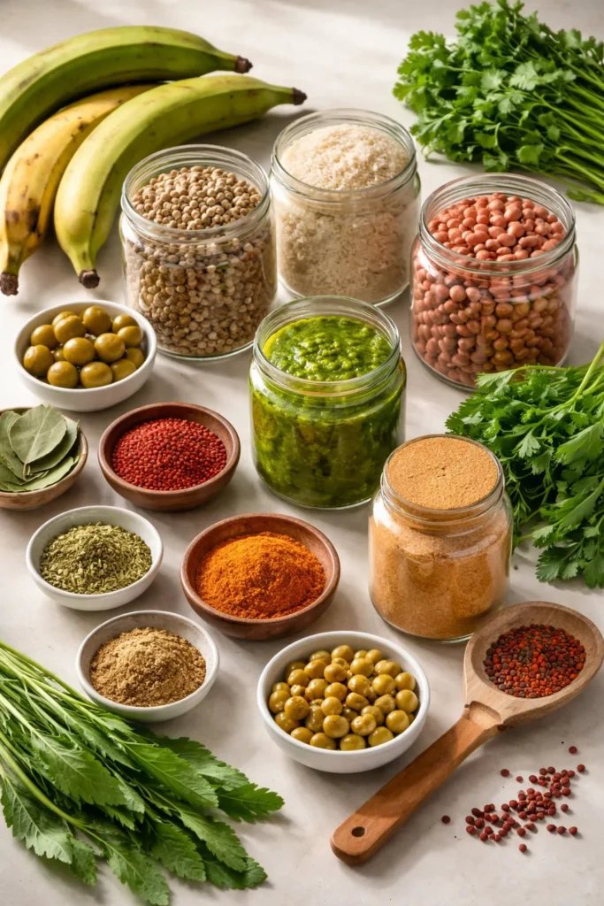 A well-stocked Puerto Rican pantry display with plantains, gandules, rice, and beans