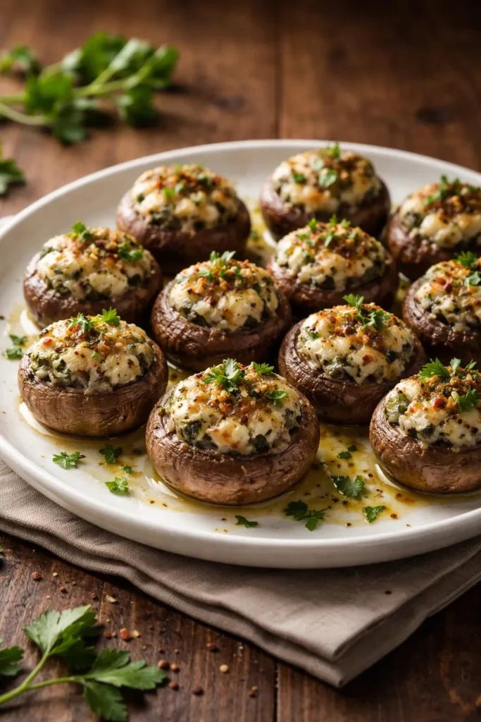 Elegant plate of stuffed mushrooms with herb garnish and olive oil drizzle