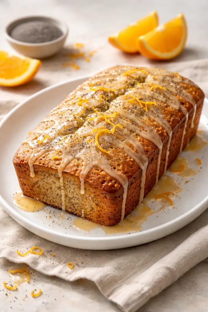 12 Make-Ahead Breakfast Breads for Weekdays 11 Poppy seed breakfast bread with orange glaze on plate