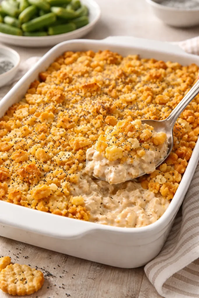 10 Chicken Casseroles the Whole Family Loves 6 Poppy Seed Chicken Casserole in a baking dish with poppy seed cracker topping
