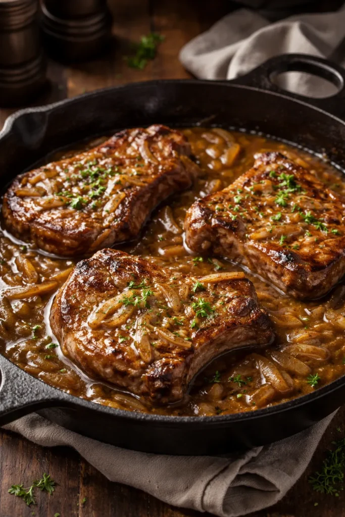 Bone-in pork chop in brown onion gravy on a plate