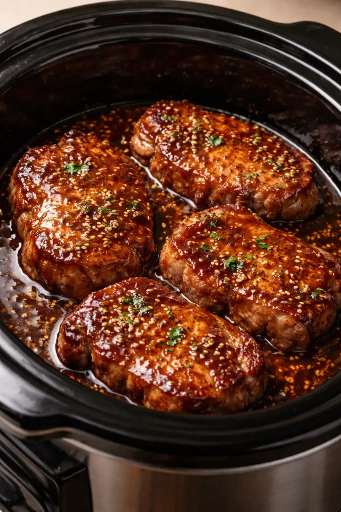 8 Slow Cooker Pork Chops That Fall Apart 4 Pork chops with honey-garlic glaze in slow cooker