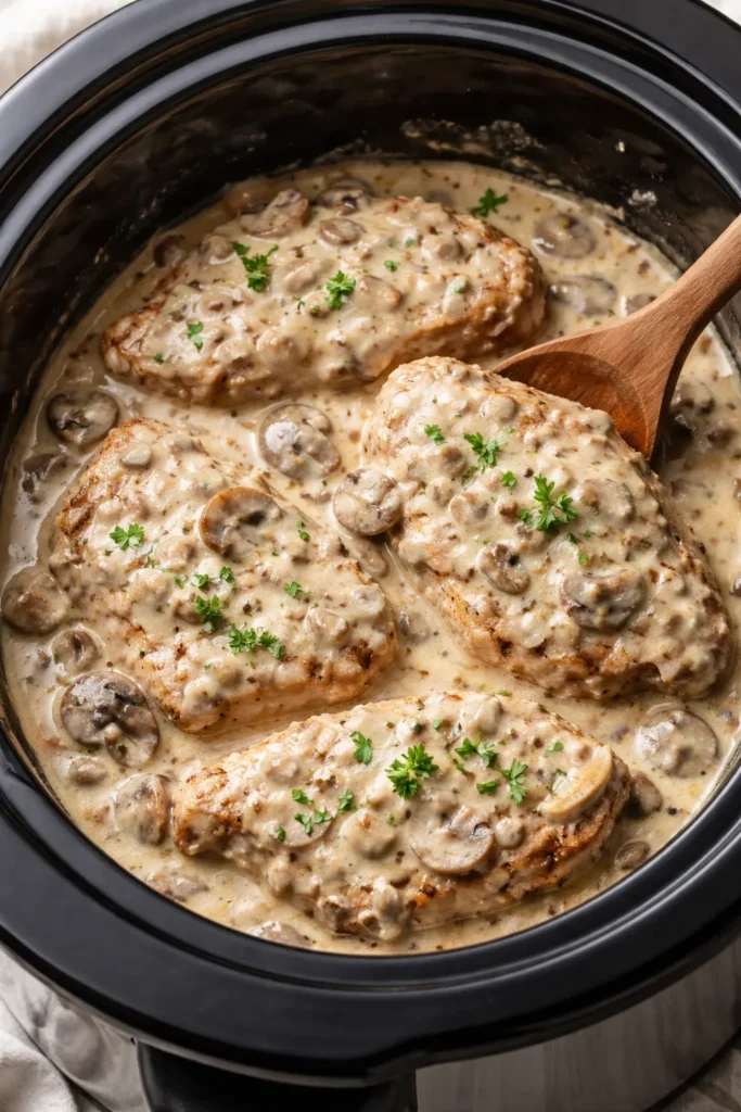 8 Slow Cooker Pork Chops That Fall Apart 6 Pork chops in mushroom-cream sauce in slow cooker