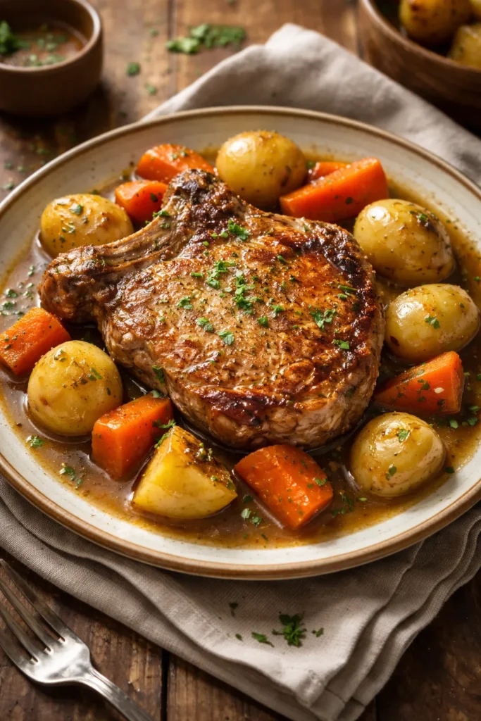 10 Pressure Cooker Recipes for Beginners 10 Bone-in pork chop with potatoes and carrots on a rustic plate