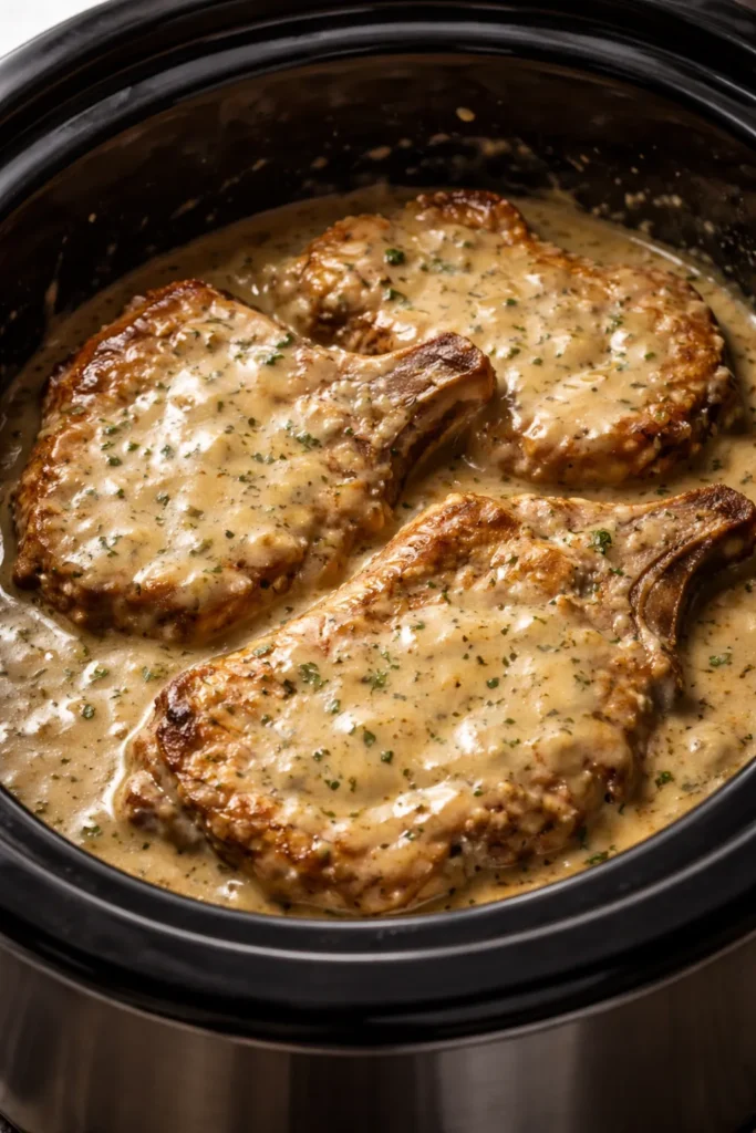 8 Slow Cooker Pork Chops That Fall Apart 3 Pork chops with creamy ranch-brown gravy in slow cooker