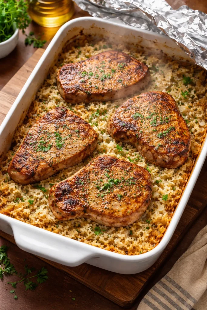 10 Oven-Baked Meals for Easy Weeknight Dinners 5 Pork chops with rice baking in one-dish dinner