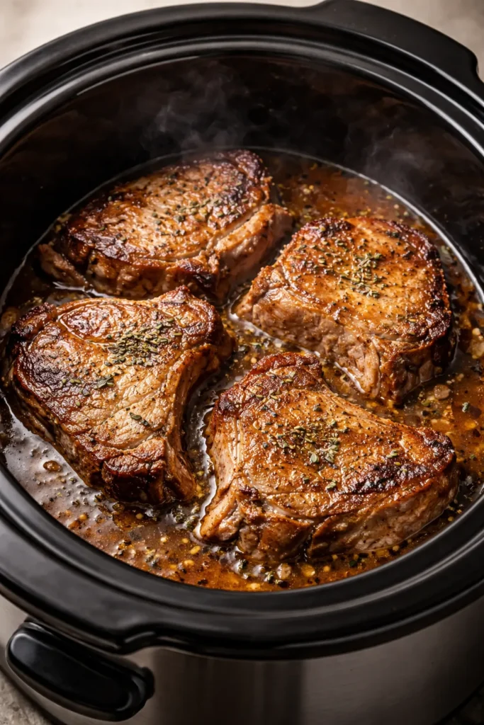 8 Slow Cooker Pork Chops That Fall Apart 1 Close-up of thick-cut pork chops in a slow cooker with gentle steam