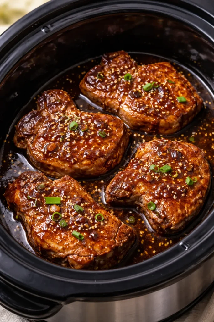 8 Slow Cooker Pork Chops That Fall Apart 5 Pork chops with soy-brown sugar glaze in slow cooker