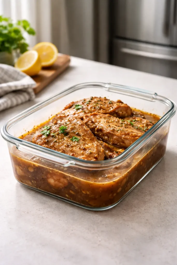 8 Slow Cooker Pork Chops That Fall Apart 12 Glass storage container with cooked pork chops in sauce on a countertop