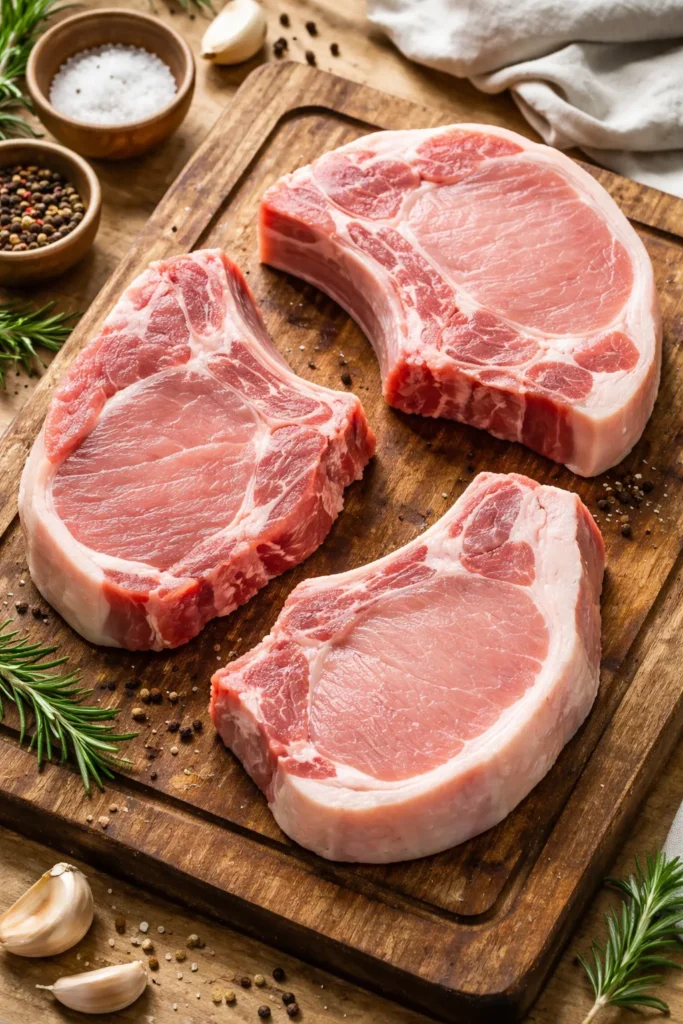 8 Slow Cooker Pork Chops That Fall Apart 10 Three pork chops of varying cuts on a wooden board