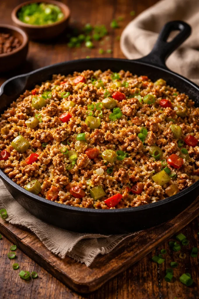 Pork dirty rice in a skillet