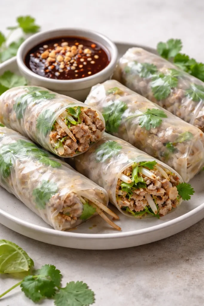 Pho-spiced pork spring rolls showing pork filling with bean sprouts and cilantro inside rice paper