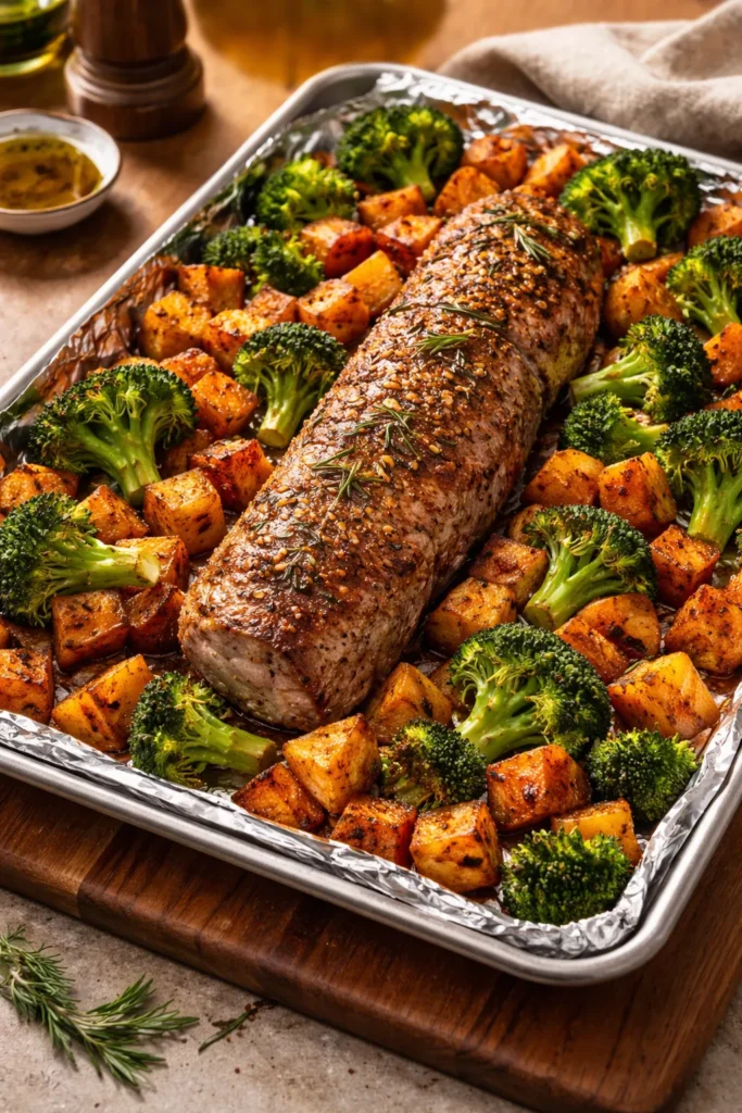 10 Sheet Pan Dinners With Almost No Cleanup 8 Pork tenderloin with sweet potatoes and broccoli roasting on a sheet pan.