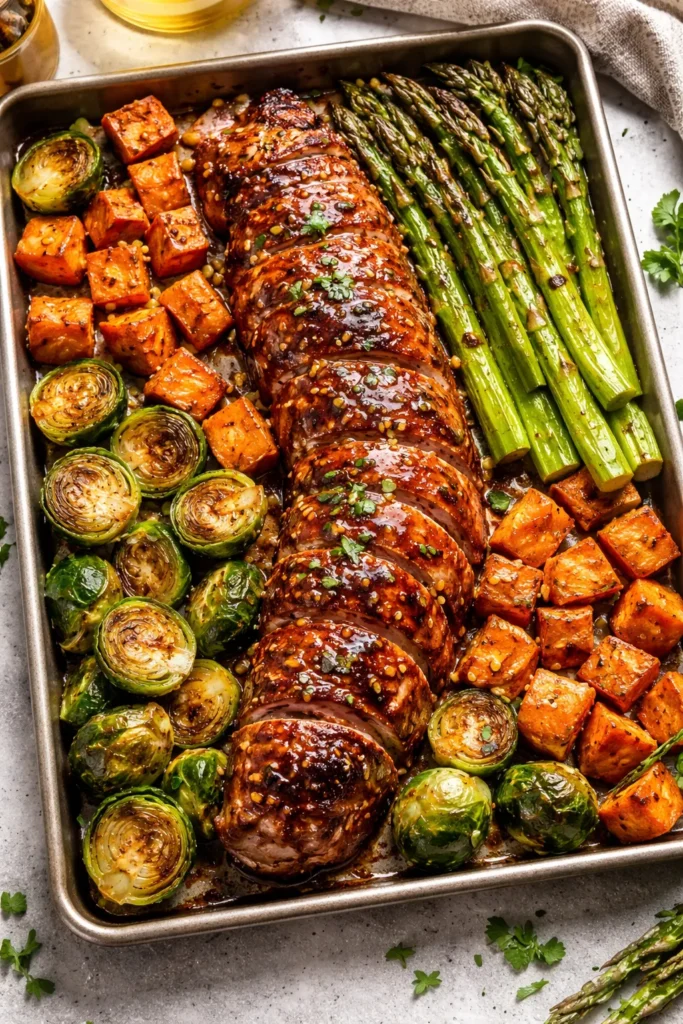 Pork tenderloin with honey-garlic glaze and roasted vegetables