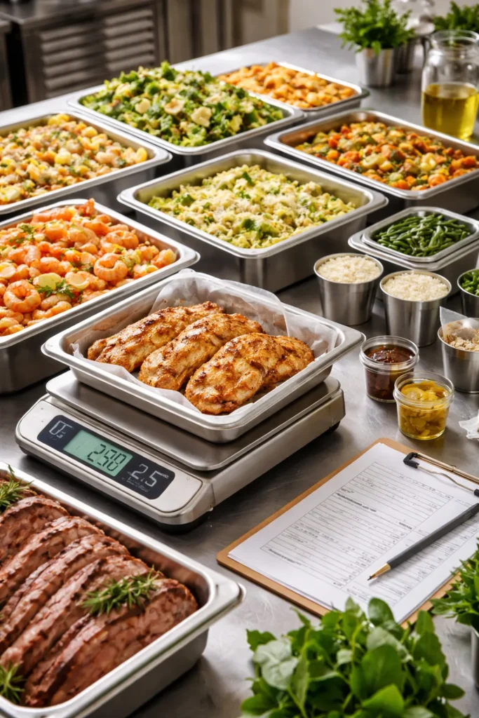 8 Wedding Reception Food Ideas on a Budget 11 Portioned meat trays and a scale on a prep table