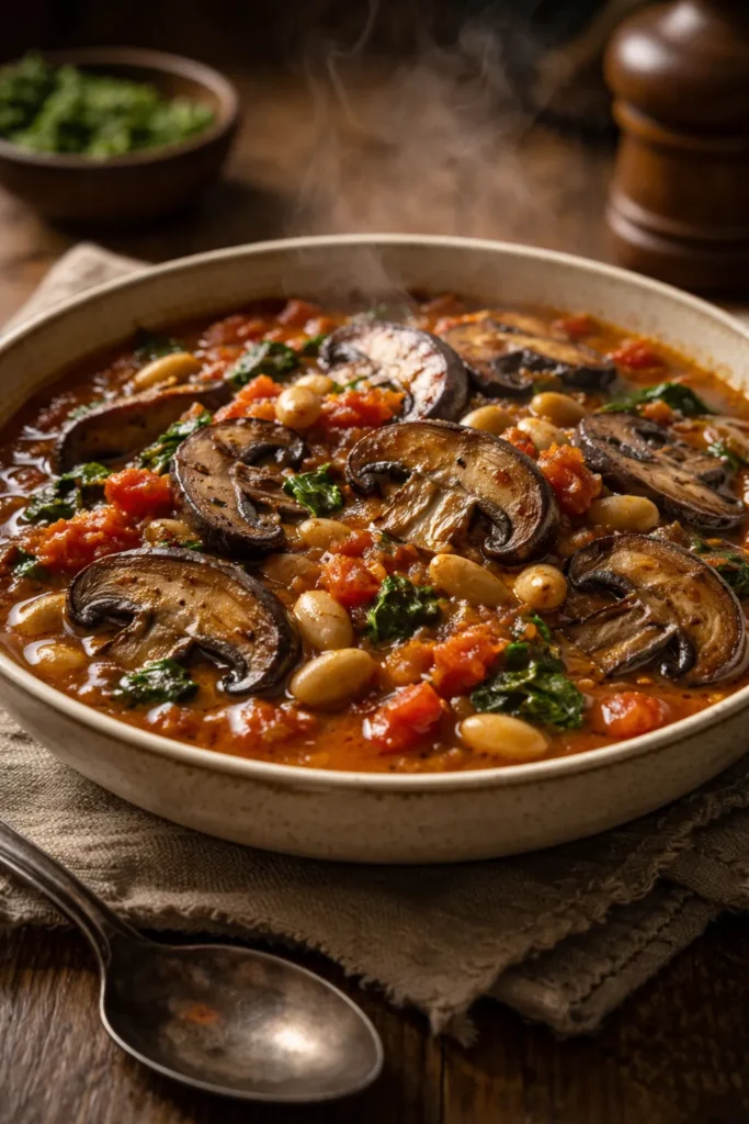 Close-up of Tuscan portobello mushroom stew with beans and tomatoes in a rustic bowl.
