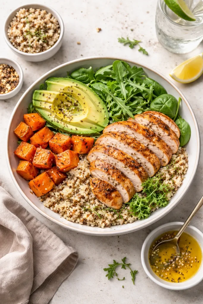8 Protein Bowl Recipes to Eat After the Gym 1 Close-up of a balanced post-workout protein bowl with chicken, grains, sweet potato, avocado, and greens