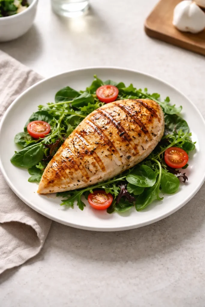 Plate with protein-rich post-workout dinner featuring grilled chicken breast