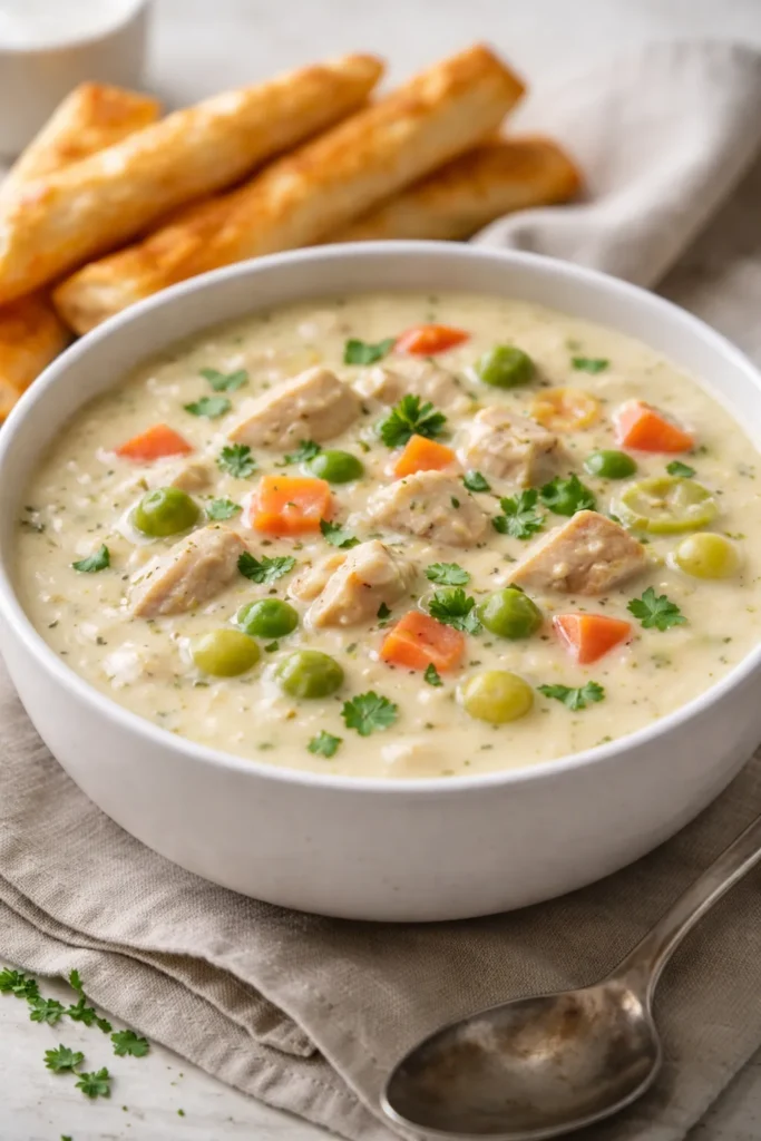 Creamy chicken pot pie soup in a bowl