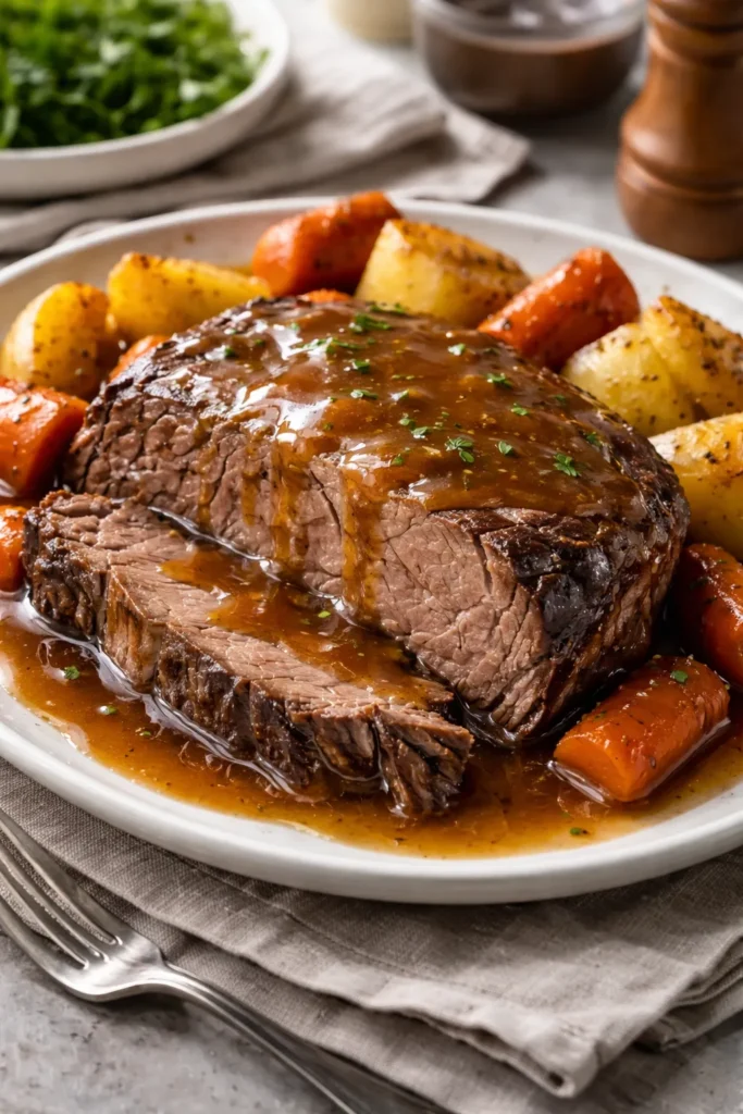 10 Slow Cooker Beef Recipes Fork-Tender 4 Sliced pot roast with rich pan gravy