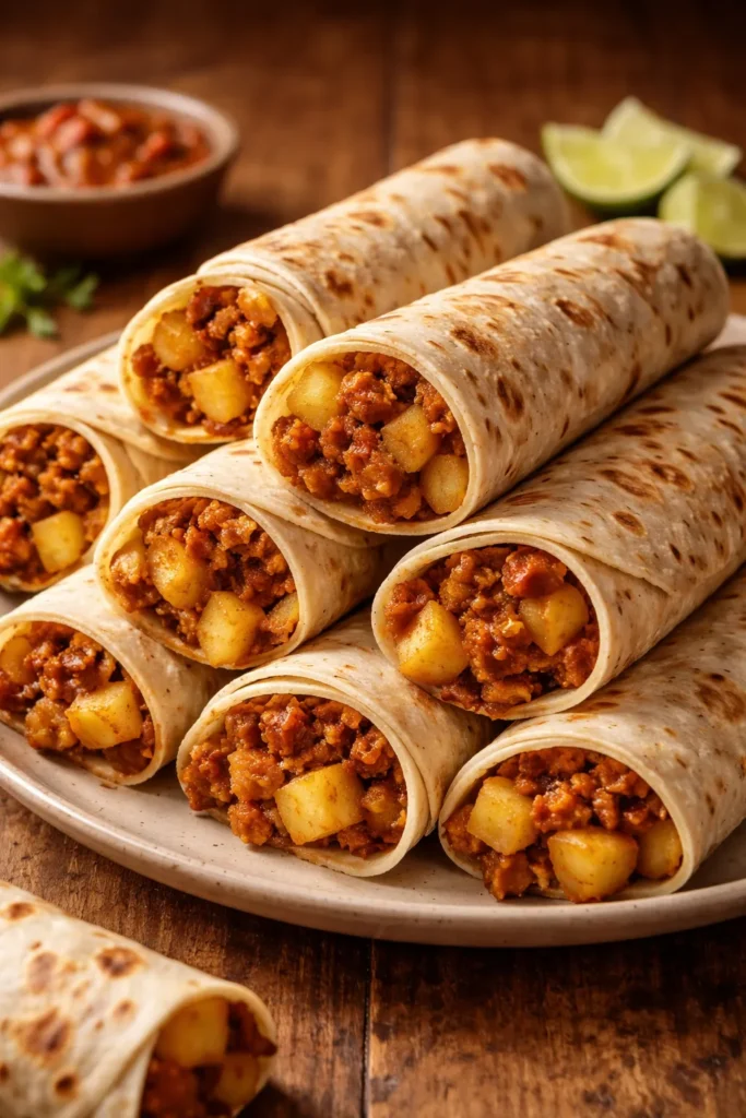 Stack of potato and chorizo burritos on a plate