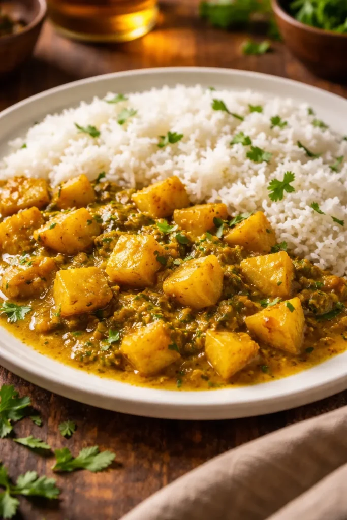 8 Trinidadian Curry and Rice Recipes at Home 4 Potato curry with rice on plate