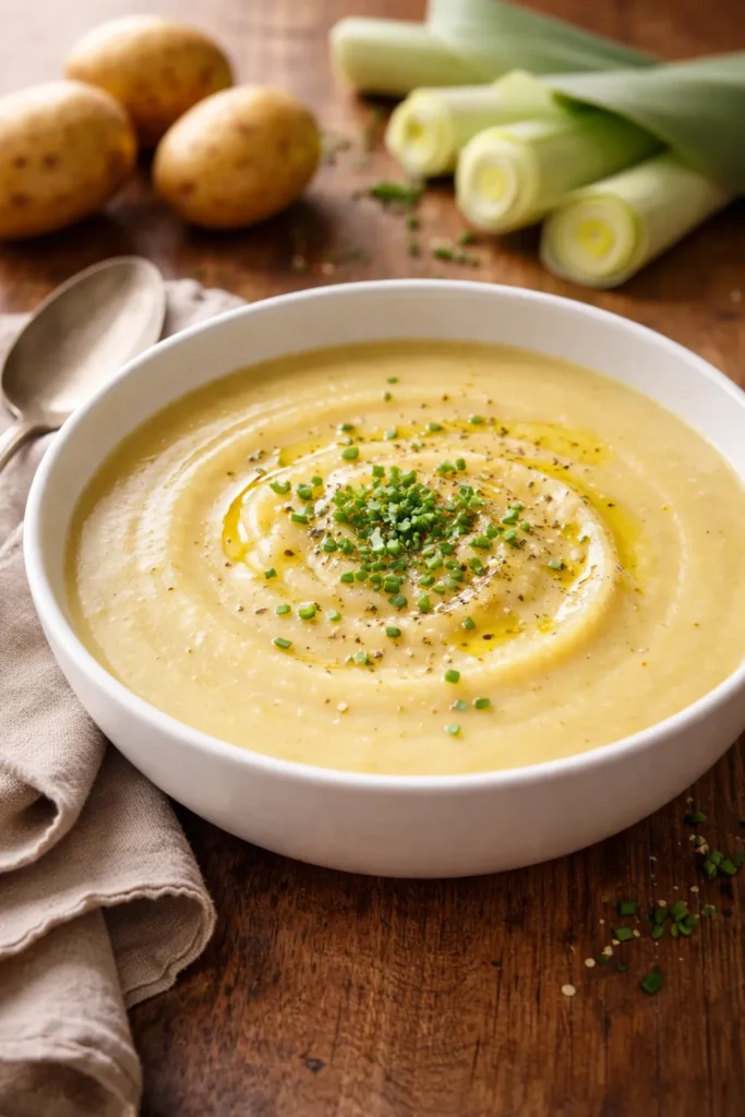 10 Homemade Soup Recipes for Any Season 8 Silky potato leek soup in a white bowl on a warm wooden surface
